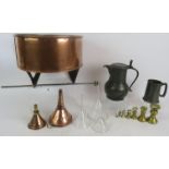 An antique copper brewery barrel funnel, 2 copper and 3 glass funnels, set of 7 brass bell