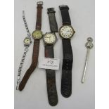 A silver cased pin marked 925 Wall and four vintage watches with leather straps, one rolled gold.