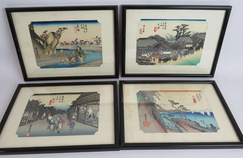 Two sets of vintage Japanese wood block prints, one set after Hiroshige Ando. All framed and glazed. - Image 3 of 4