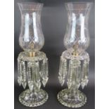 A large pair of vintage glass table lustres with engraved glass shades, cut glass drops and