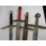 Four medieval style replica swords for display or re-enactment, one with ornate bronze hilt and