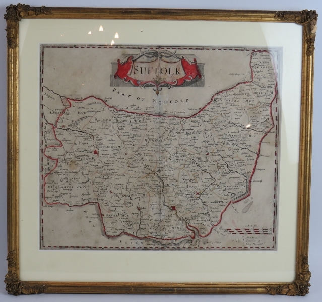 A 17th century hand tinted map of Suffolk by Robert Morden, c1722, framed and glazed. Overall size