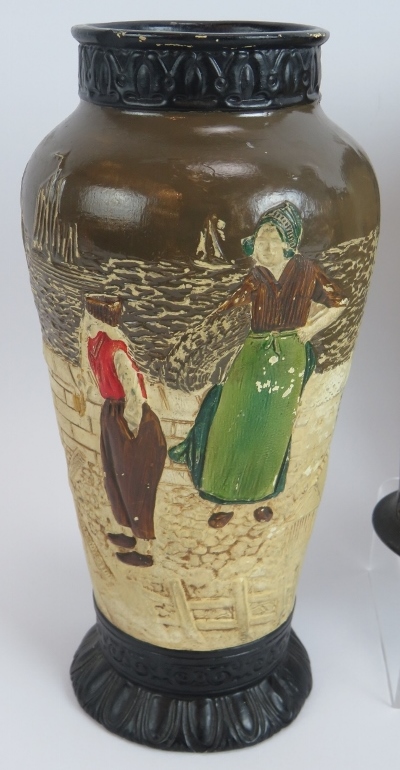 Four Bretby pottery vases each hand decorated over relief traditional Dutch scenes. Tallest 32. - Image 2 of 7
