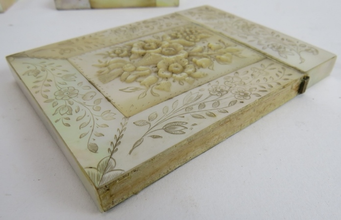 Four 19th century mother of pearl card cases, one with carved decoration, one with white metal - Image 5 of 5