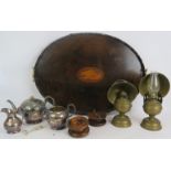 A mixed lot to include an inlaid Edwardian gallery tray, a pair of brass oil lamps, 3 piece silver