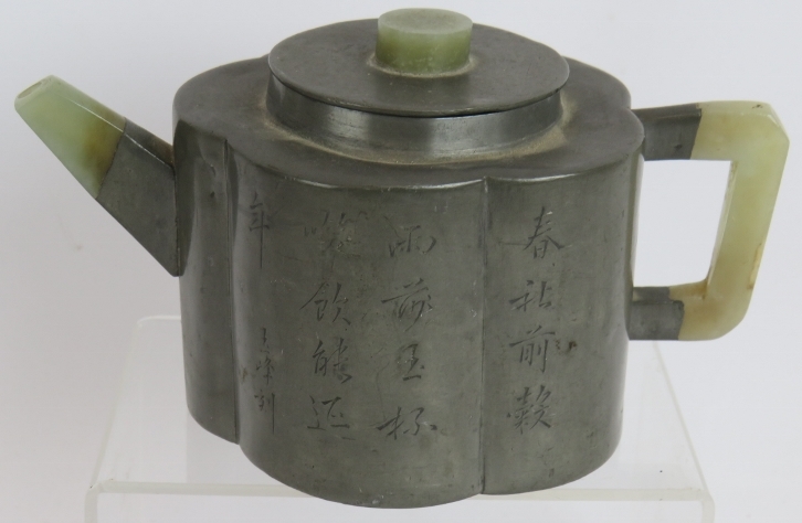 A 19th century pewter encased Chinese Yixing teapot with pale Celadon jade handle finial and