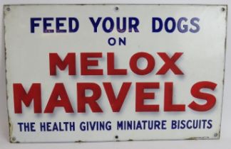 A vintage Bilston enamel sign for Melox Marvels dog biscuits. 56cm x 35cm. Condition report: Age