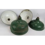 7 vintage industrial green enamel ceiling light shades with white interiors. Diameter 36cm. (14").