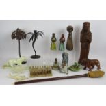 A mixed lot of decorative items including a carved wood Madonna and child, alabaster animals and