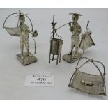 Two Chinese white metal fishermen with their catch, signed and marked 90, approx 3" high. Approx