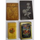 Four antique card cases including a Mauchline Ware example, a Fern Ware example, an inlaid lacquer