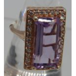 Octagon step cut Rose de France amethyst statement ring, size P, rose gold/925. Large overall