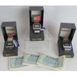 Three 1980s Casio Telememo DB510 digital watches, brand new old stock, original packaging,