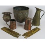 Three Arts & Crafts jugs by Joseph Sankey, a pair of brass Art Nouveau finger plates, a brass