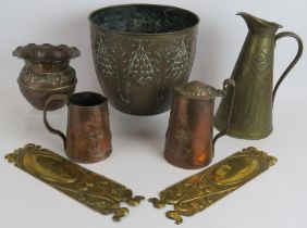 Three Arts & Crafts jugs by Joseph Sankey, a pair of brass Art Nouveau finger plates, a brass