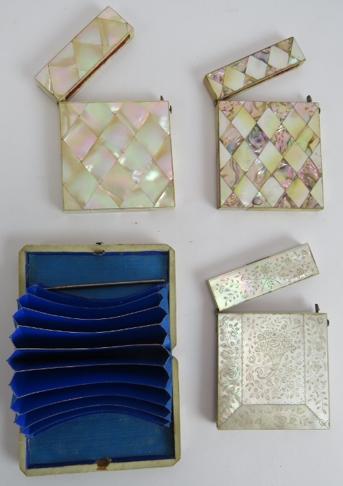 Four 19th century mother of pearl card cases, one with carved decoration, one with white metal - Image 3 of 5