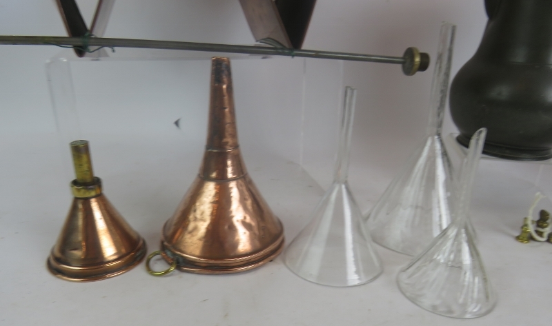 An antique copper brewery barrel funnel, 2 copper and 3 glass funnels, set of 7 brass bell - Image 2 of 4