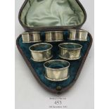 A set of six plain silver napkin rings, Birmingham 1951 and 1952, original box. Approx weight 2.4