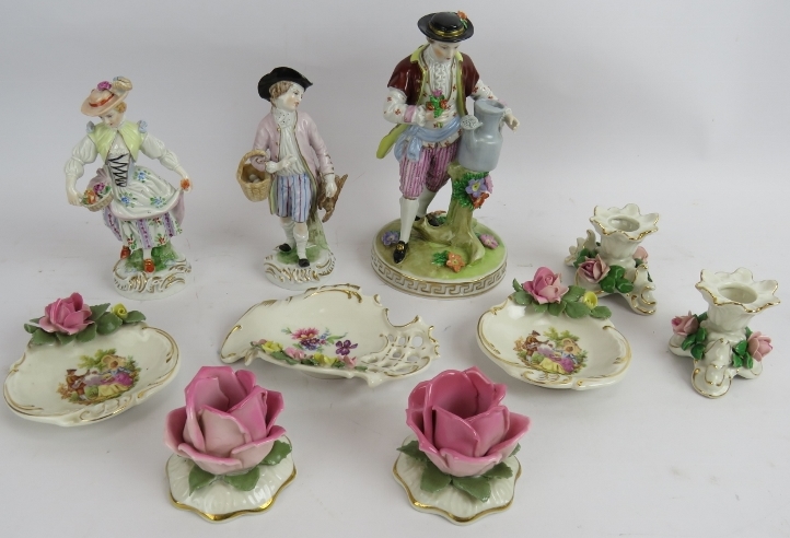 A collection of Dresden and other porcelain including two pairs of figures, a single figure, two - Image 5 of 5