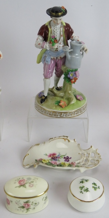 A collection of Dresden and other porcelain including two pairs of figures, a single figure, two - Image 3 of 5