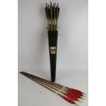 A wooden medieval style archer's quiver with 12 wood shafted arrows and 5 Easton Classic XX75