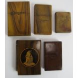 Four 19th century wooden treen souvenir card cases including two Jerusalem examples, one Killarney