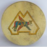 A hand decorated 18" Irish Bodhrán drum with winged cow design. Condition report: Needs cleaning.