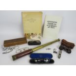 Mixed collectables to include an antique brass three draw telescope, 4 pairs of spectacles, a