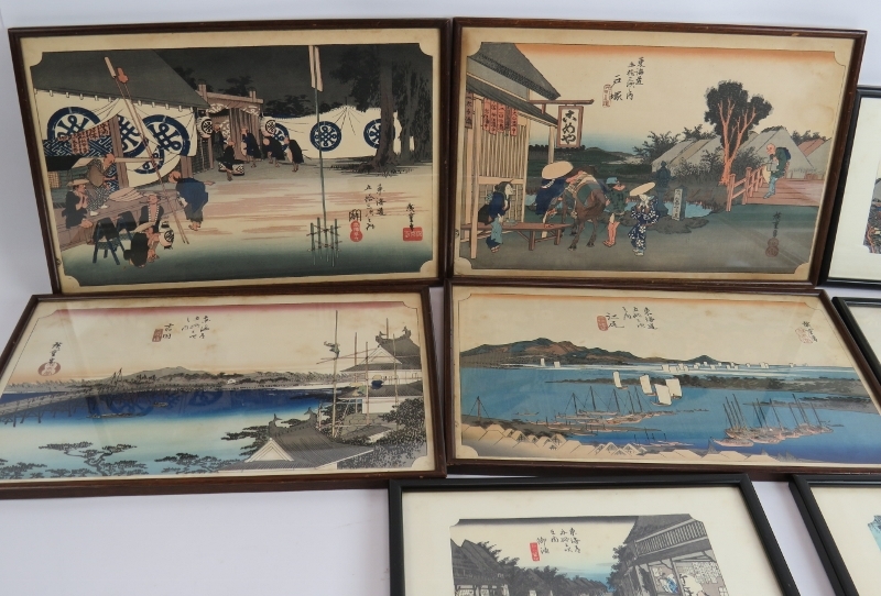 Two sets of vintage Japanese wood block prints, one set after Hiroshige Ando. All framed and glazed. - Image 2 of 4