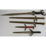 Five re-enactment replica assorted swords and daggers including one with a horn grip. Longest