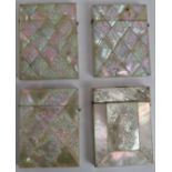 Four hand decorated 19th century mother of pearl card cases each with diamond pattern inlay. (4).