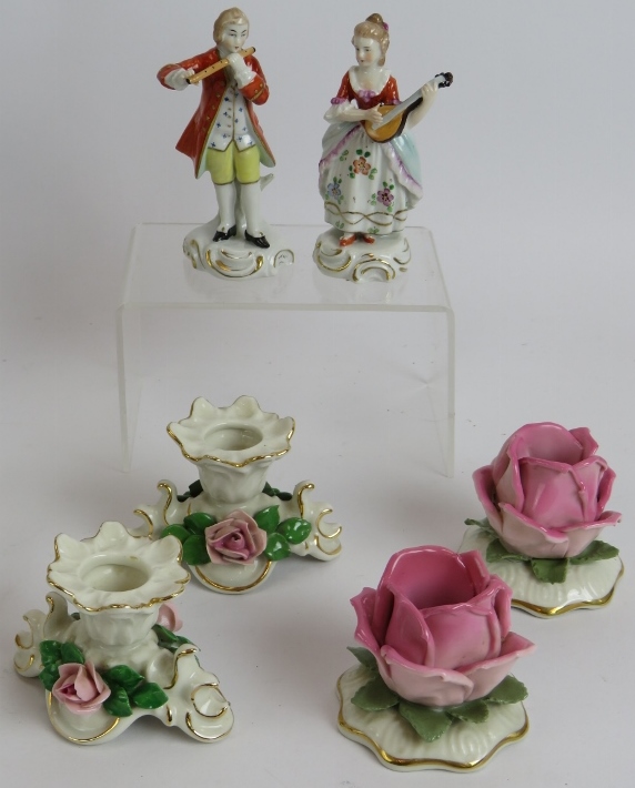 A collection of Dresden and other porcelain including two pairs of figures, a single figure, two - Image 4 of 5