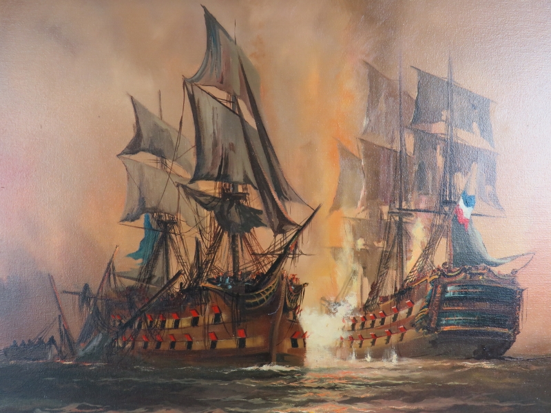 Dion Pears (British, 1929-1985) - 'A Sea battle with 2 18th century Men O'War', oil on canvas, - Image 2 of 4