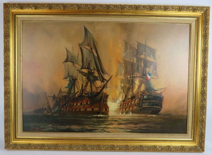 Dion Pears (British, 1929-1985) - 'A Sea battle with 2 18th century Men O'War', oil on canvas,