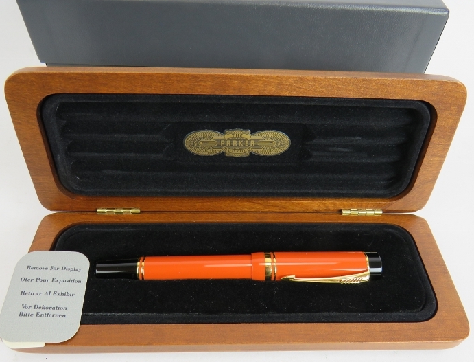 A 1980s Parker Duo Fold Centennial fountain pen, brand new old stock, orange body, 18ct gold nib, - Image 2 of 4