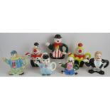 Seven clown themed novelty character teapots, tallest 21cm. (7). Condition report: No issues.