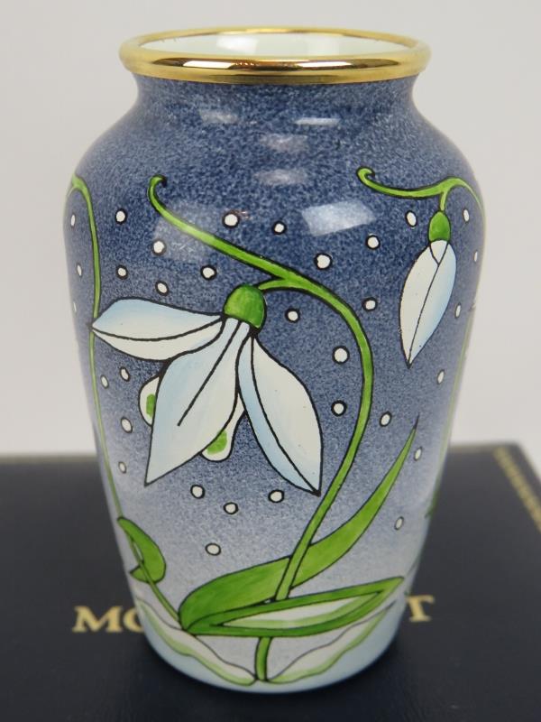 A miniature Moorcroft enamel vase with snowdrop decoration in presentation case. Height 7cm. - Image 2 of 3