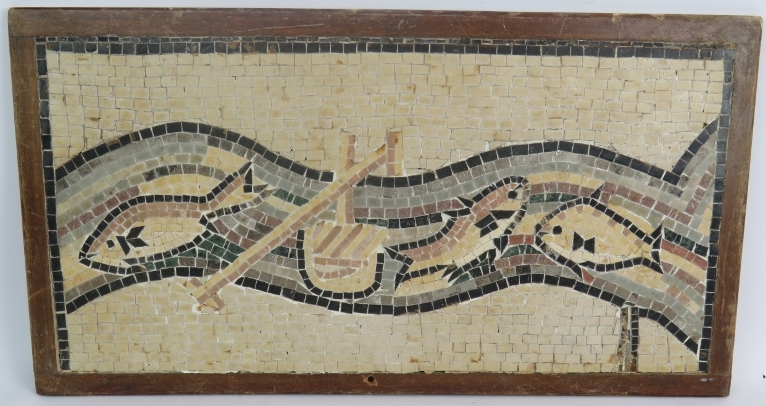 An oak framed Roman style mosaic depicting fish & a river. 54cm x 29cm. Condition report: Age
