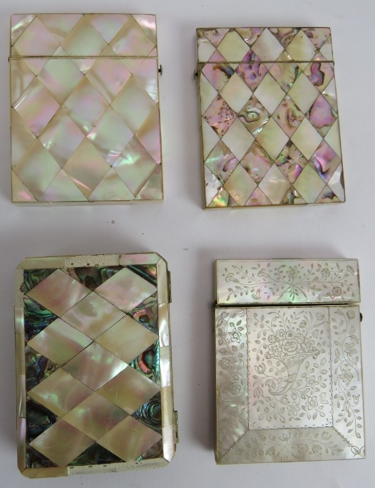 Four 19th century mother of pearl card cases, one with carved decoration, one with white metal - Image 2 of 5