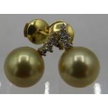 An AAAA pair of 18ct yellow gold Southsea golden pearl & diamond earrings, approx 0.17cts, VS F/G,