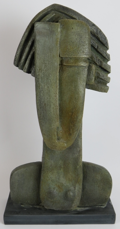 A large stoneware sculpture "Lockdown Head" by Peter Hayes (B.1946) mounted on a polished slate