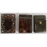 Three 19th century inlaid tortoiseshell card cases, one with yellow metal cartouche and multiple