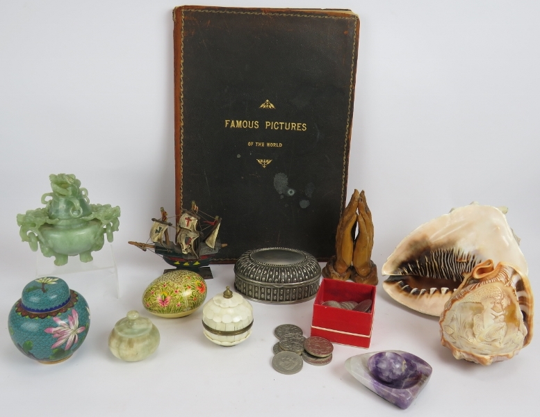 Mixed collectables to include conch shells, jadeite Chinese censer, trinket boxes, commemorative