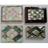 Four 19th century mother of pearl and abalone inlaid card cases, one with tortoiseshell borders. (