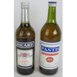 One bottle of Ricard Pastis 70cl 45% vol and one litre bottle of Pastis 100cl, 40% vol. (2).