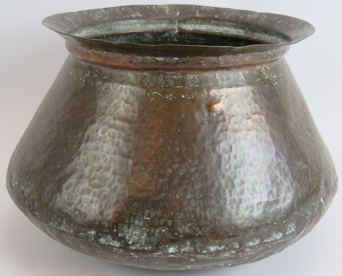 Two beaten copper Omani kettles, largest 36cm tall and a similar beaten copper cooking pot, 32cm - Image 3 of 3