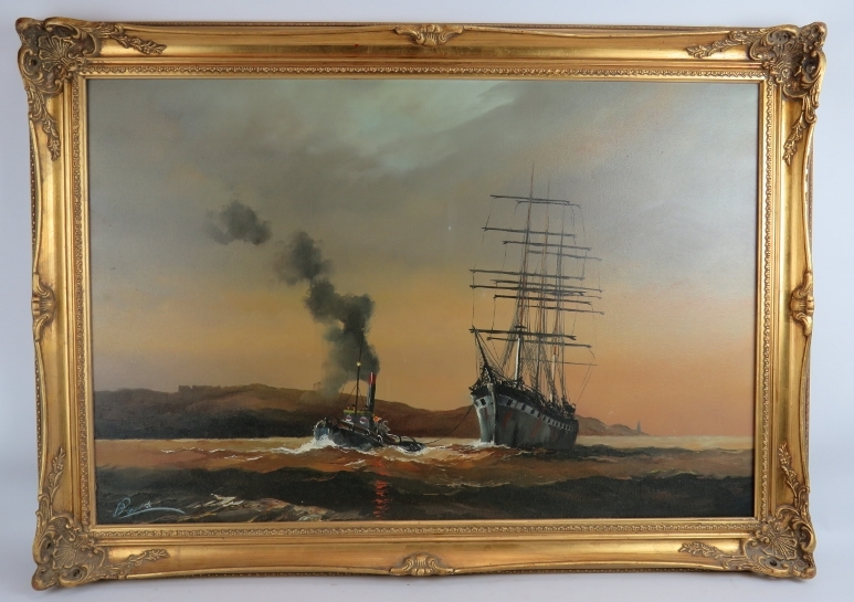 20th century school - 'Clipper and tug off the coast', oil on canvas, indistinctly signed, 60cm x