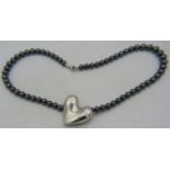 Georg Jensen silver heart & hematite bead necklace. The heart approx 30mm x 35mm and marked '925s