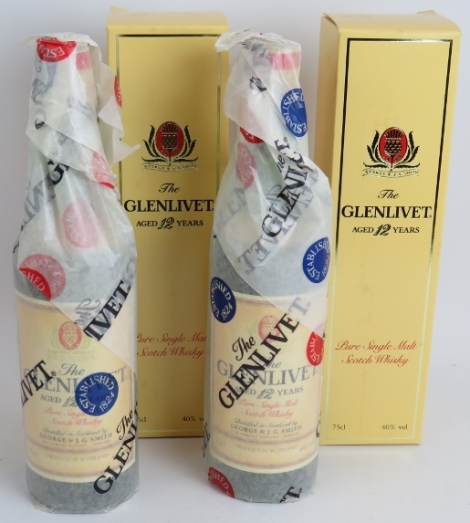 Two bottles of Genlivet 12 year old single malt Scotch whisky in presentation boxes and with