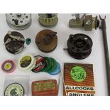 Six vintage fishing reels including Modernite Pixie, Rice & Young Seajecta II Deluxe, Allcocks,